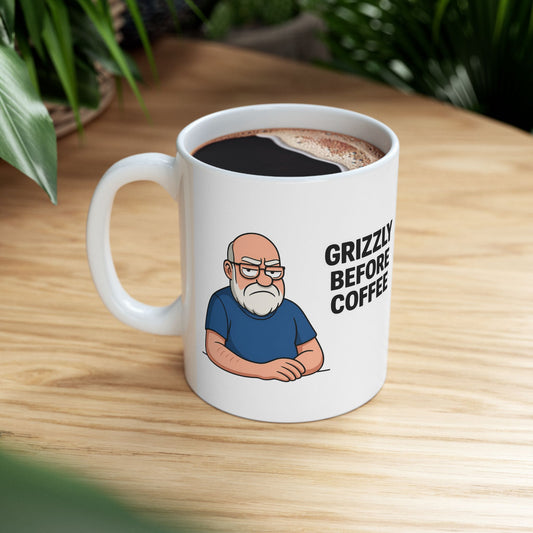 "Grizzly Before Coffee" White Coffee Mug — Funny Grumpy Coffee Cup 0.33 L (11oz )