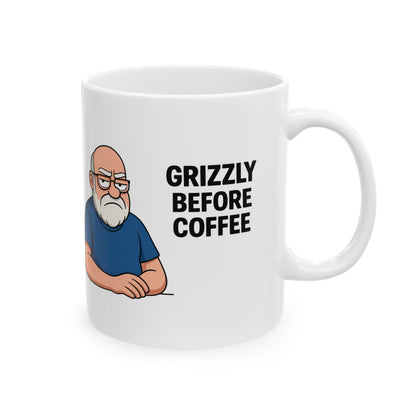 "Grizzly Before Coffee" White Coffee Mug — Funny Grumpy Coffee Cup 0.33 L (11oz )